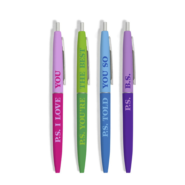 Knock Knock P.S. Pen Set (I Love You, You’re the Best, Told You So, B.S.) Ball Point Pens in PVC pouch - Knock Knock Stuff SKU 10195